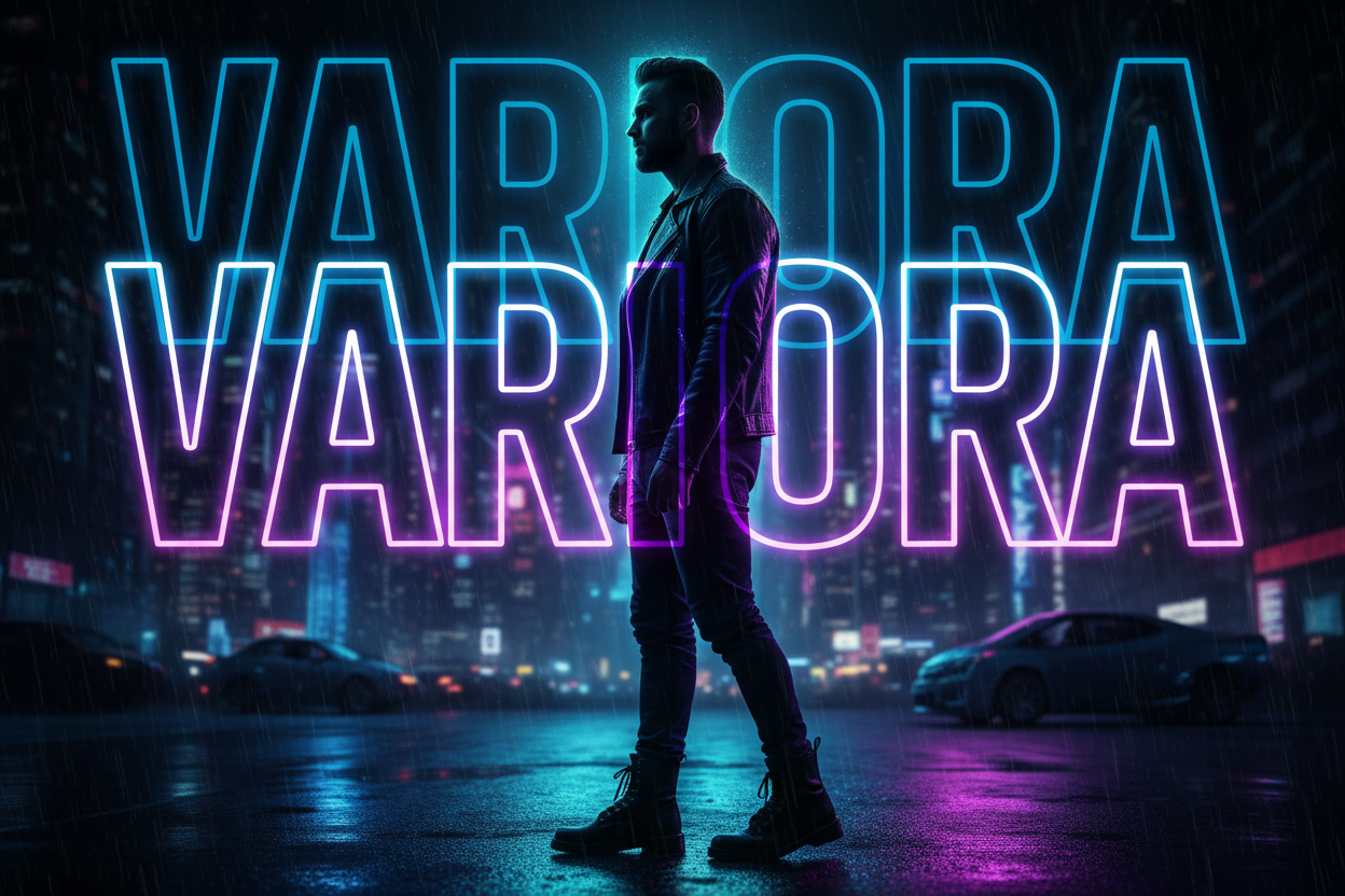 COOL NEON GUY BLACK LOOKING SIDEWAYS AND VARIORA WRITTEN AT THE BACK BUT HIS FACE COBERING THE TETX